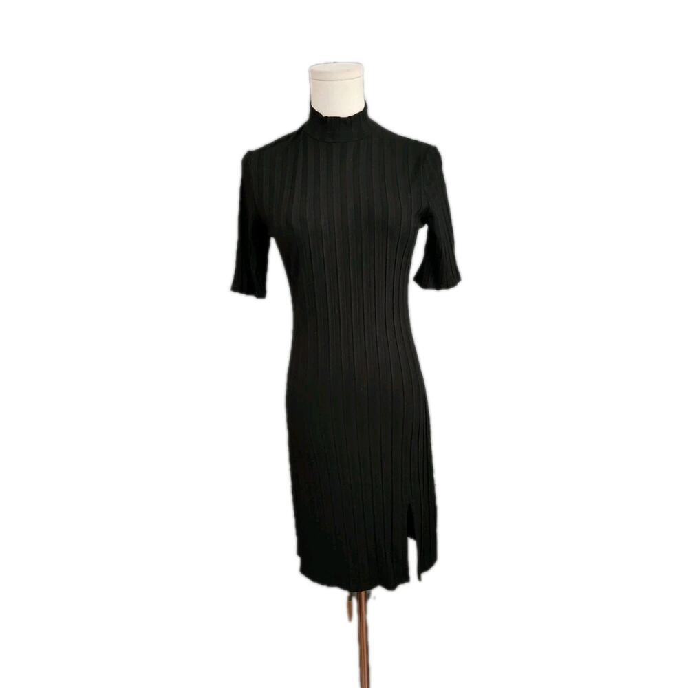Reformation Zia Knit Mock Neck Wide Rib Black Mini Dress Size Medium Stretch - Picture 2 of 5